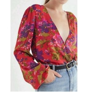 Urban Outfitters Floral Wrap Crop Blouse Ties Red Purple Green Pink S